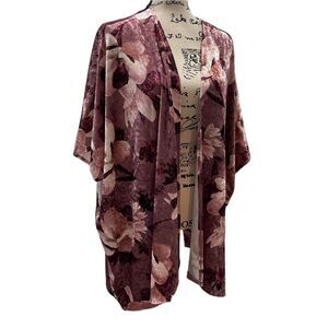 J.M. Fleurette Pink Mauve Velvet Floral Open Front Cardigan Size L